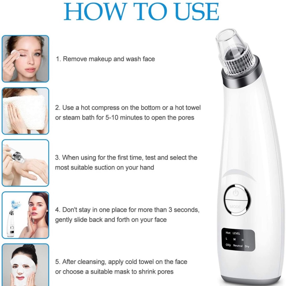 Blackhead Remover Pore Vacuum USB Rechargeable with 5 Suction Probes (White) - Picture 5 of 8
